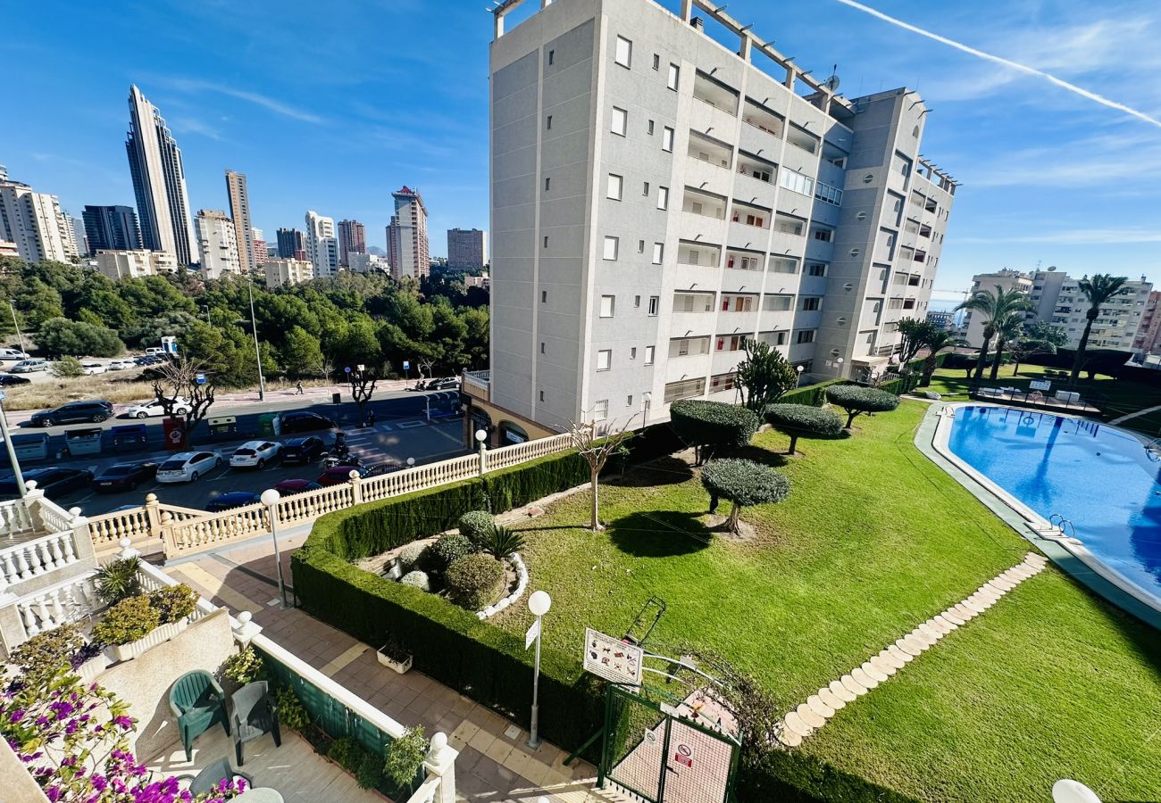 Zonas comunes del apartamento vacacional, con piscina y césped natural