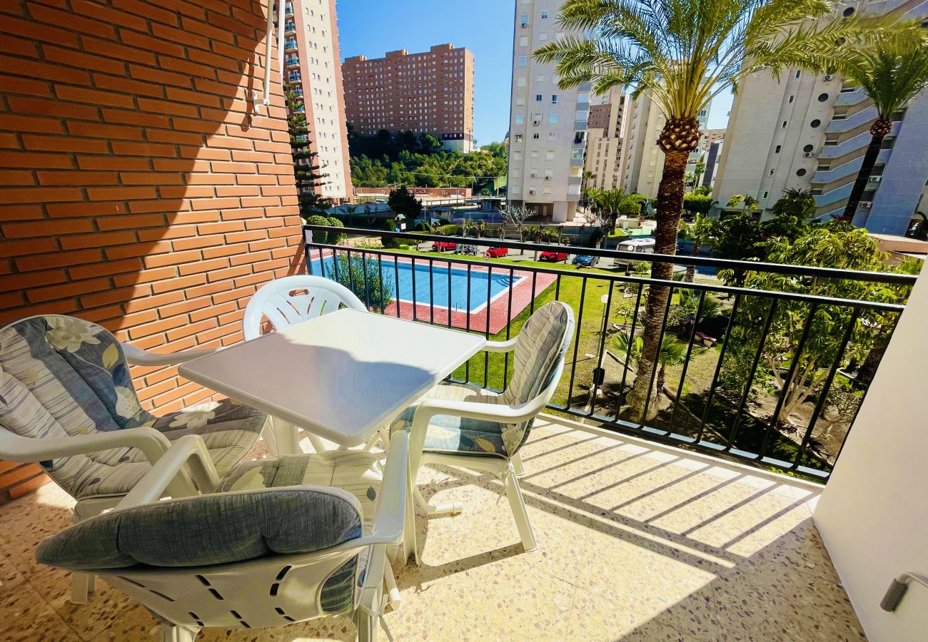 Outdoor terrace overlooking the holiday flat swimming pool